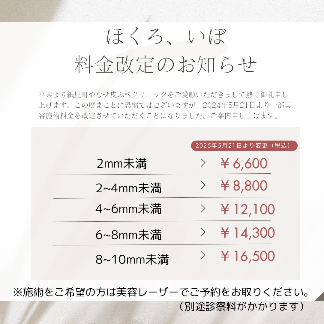 ほくろ、いぼ料金改定のお知らせ